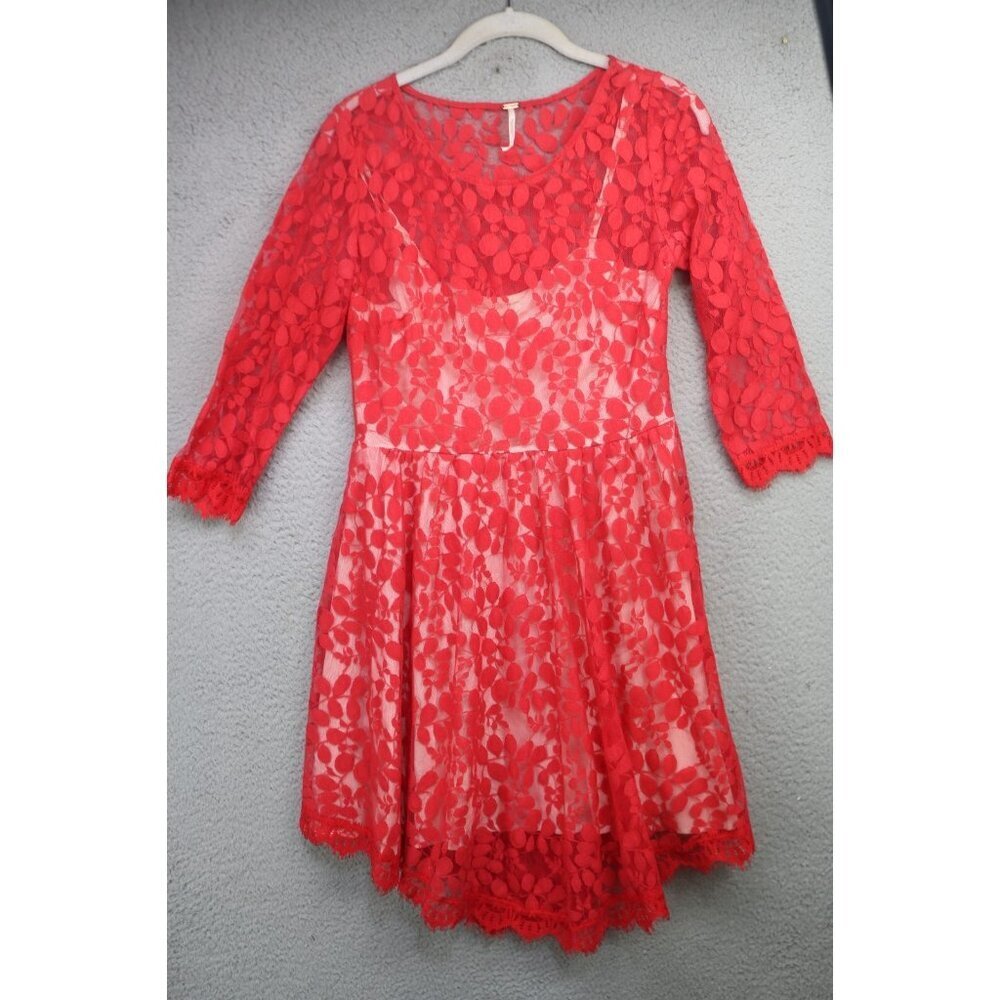 Free People Long Sleeve Red Sheer Lace Dress w/Slip-Size 6-Whimsigoth-BOHO